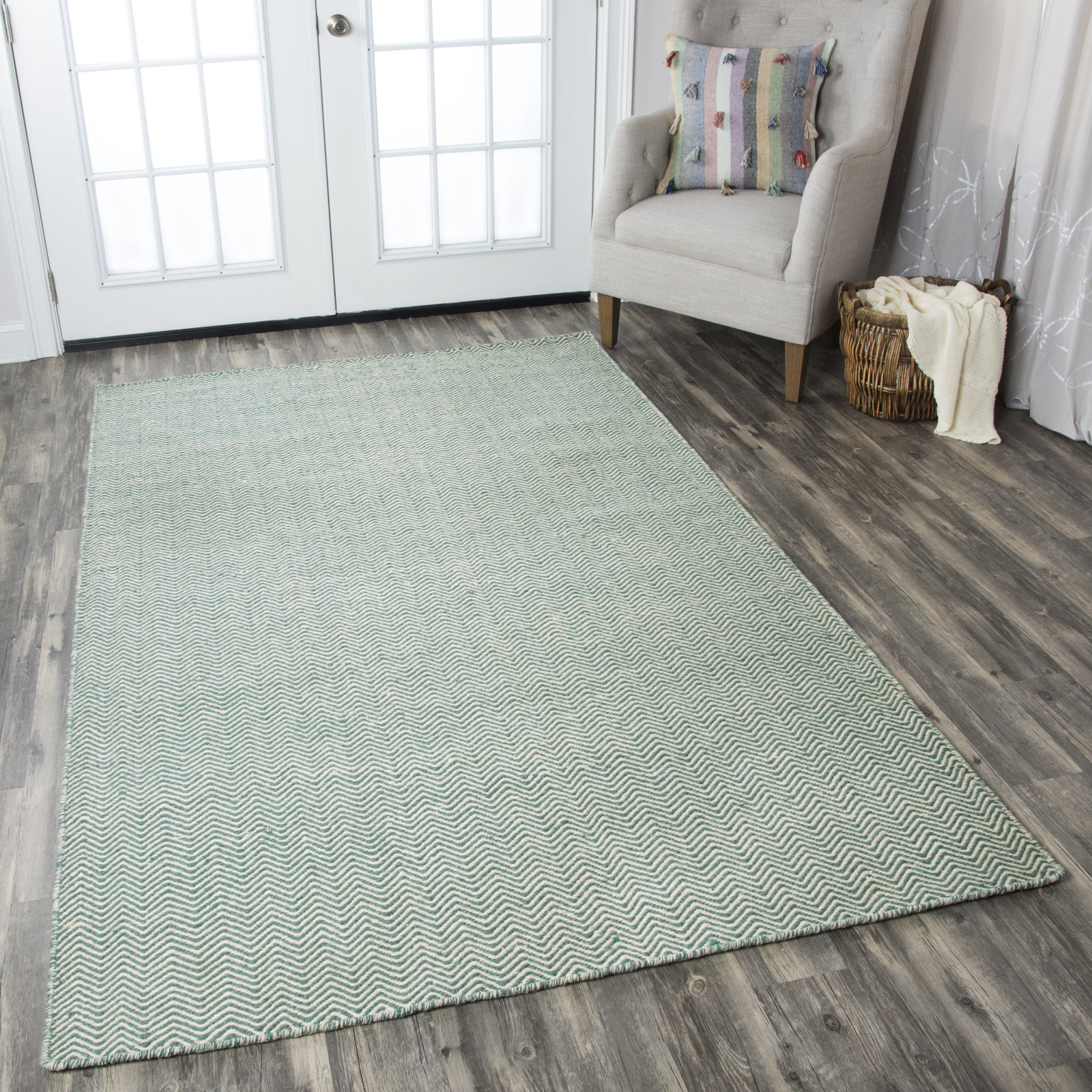 Rita Green Hand-Woven Chevron Wool Rug, Rectangle 5' x 8'