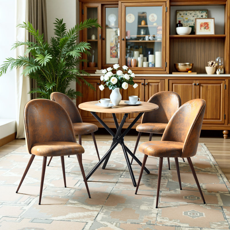 5 Pieces Modern Dining and Lounge Set with Round Table Upholstered Chairs for Reception Office and Living Room, Beige, Oak