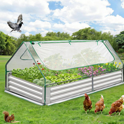  High-Quality Raised Garden Bed with Canopy - 8x4x1 ft Galvanized Metal Planter Box, Clear Cover, Large Screen Windows, Mini Greenhouse for Vegetables, Flowers, Backyard, Black, 240x120x28cm