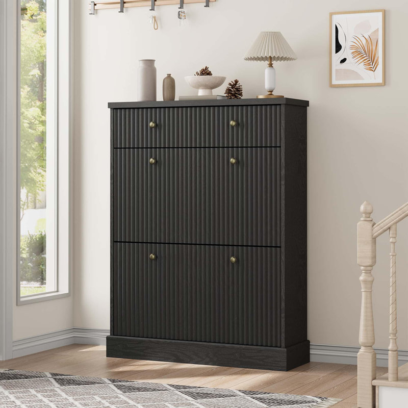Armoire à chaussures cannelée avec 2 tiroirs rabattables et 1 tiroir, organisateur de rangement de chaussures d'entrée mince avec tablettes réglables