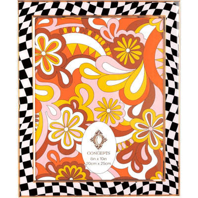 Black And White Small Checkered Retro 8" X 10" Enameled Picture Frame With Gold Border And HD Clear Glass