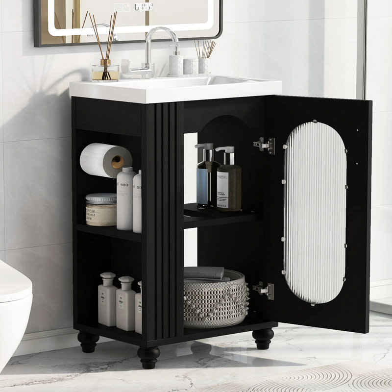 Meuble-lavabo de 20 po avec lavabo, meuble-lavabo avec tablette à deux niveaux, tablette réglable, bois massif et panneau de fibres à densité moyenne