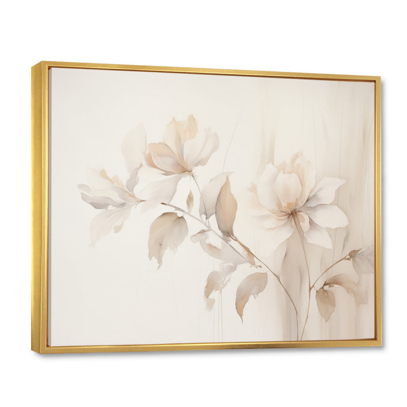 «White Botanical Elegance II - Abstract Botanicals, art mural sur toile, Cadre flottant doré, H 34 po x l 44 po x P 1,5 po