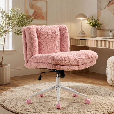 Chaise de bureau 26,4 pouces, siège de bureau à poils de lapin artificiels avec base en métal, chaise de bureau pivotante réglable, fauteuil de coiffeuse (rose)