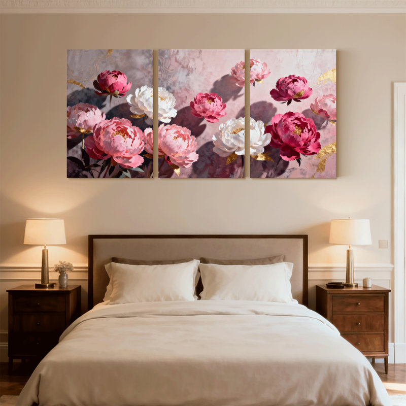 Plantes et fleurs, pivoines blanches et roses, accents dorés, ensemble de 3 impressions sur toile, H 30 po x l 60 po