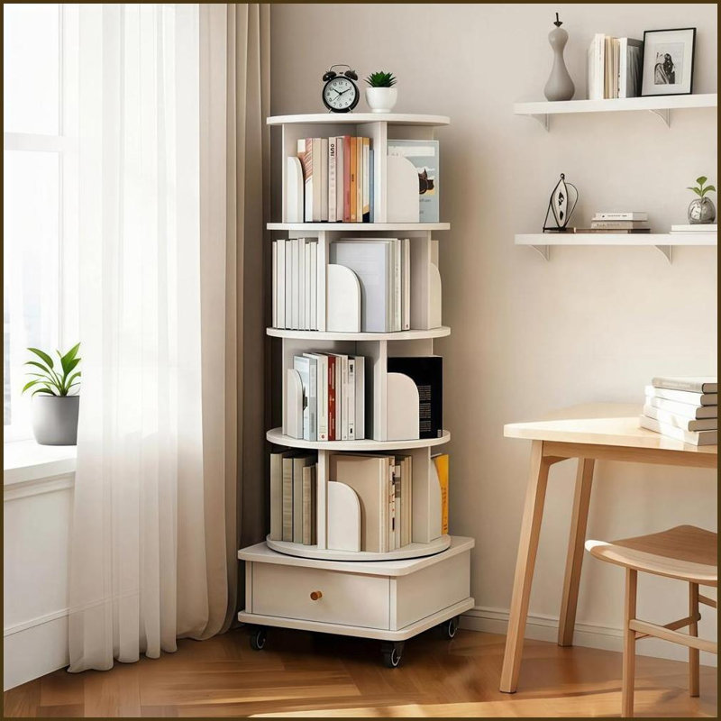 Bookshelf, 5-Tier 360° Rotating with Wheels &amp; Drawer, Warm White Space-Saving | MDF | White, White