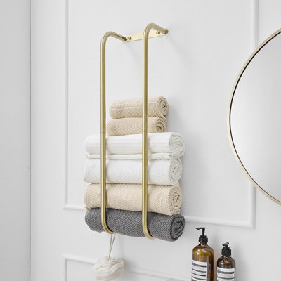 Wall-Mounted Stainless Steel Towel Rack For Rolled Towels, Vertical Bathroom Organizer (Brushed Gold)