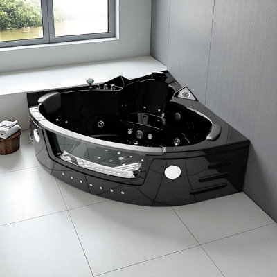 MAJESTIC 59" x 59" 2-Person Corner Whirlpool Bathtub with Dual Pump, Heater & Glass Front Panel