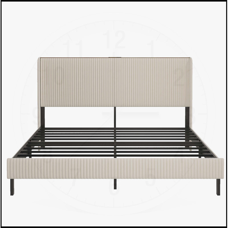 Grand lit plateforme en métal avec station de charge, pas de sommier requis, silencieux, facile à assembler, beige, Grand