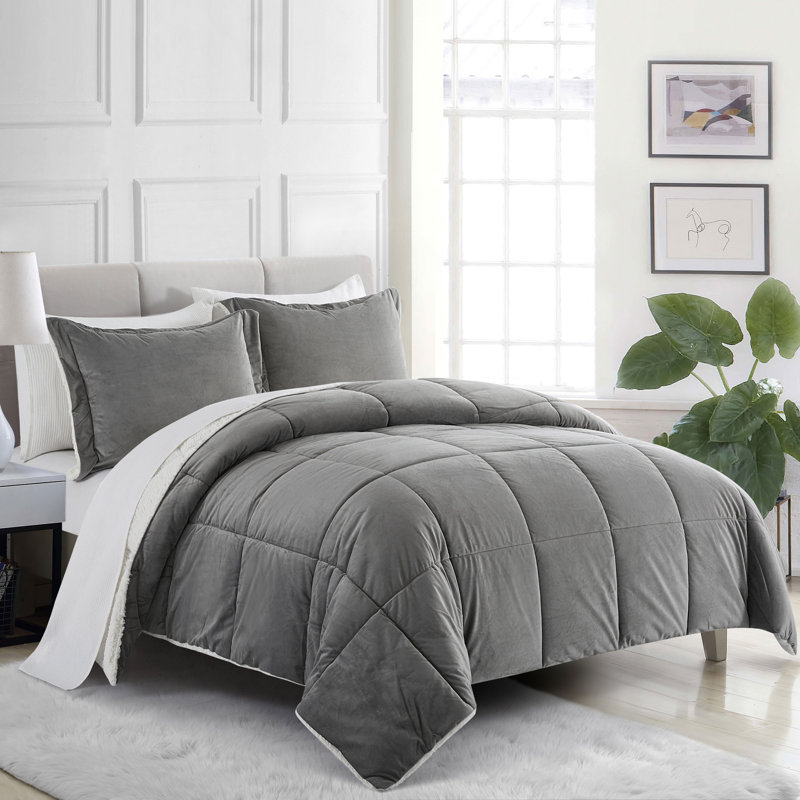 Sherpa 3 Piece Faux Down Comforter Set, Gris, Édredon grand + 2 taies d'oreiller très grandes