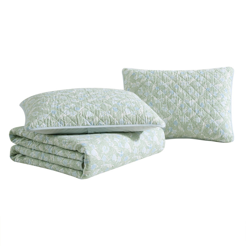 Pineapple Bloom Tropical Cotton Floral Quilt, Green/Yellow, Queen Quilt + 2 Standard Shams