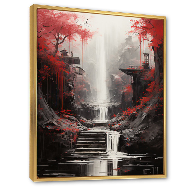 «Red Tree Endless Waterfall Journey», art sur toile, H 20 po x l 12 po x P 1 po, Cadre flottant doré