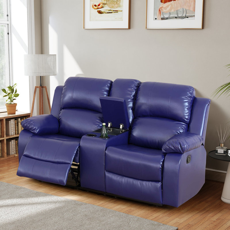 Double fauteuil inclinable manuel, causeuse rembourrée avec porte-gobelets, cuir, bleu, Bleu