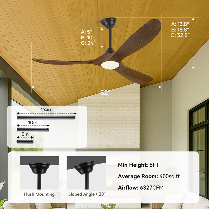 Ventilateur de plafond intelligent avec lumière et télécommande, télécommande et application, pales en bois massif, moteur à courant continu réversible