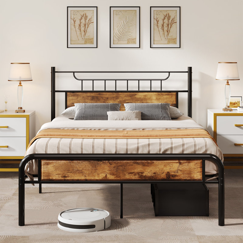 Rustic Wood Vintage Platform Bed Frame With Headboard No Box Spring Needed, Queen