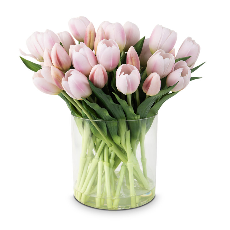 Silk Tulip Arrangement In Vase, Pink, 11.8" H x 5.7" W 5.7" D