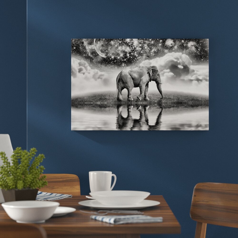 Leinwandbild Elefant, Wiese, Himmel, Afrika in Monochrom