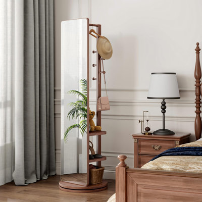 Full Length Mirror with Coat Rack & Storage, 360° Rotating Solid Wood Standing Floor Mirror with Shelves for Bedroom, Entryway, Dressing Room (Walnut Brown, 66" x 18")