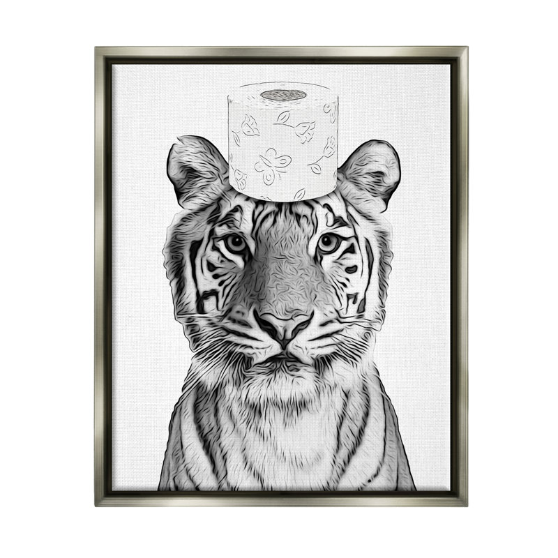 Toile de tigre, salle de bain grise encadrée par Annalisa Latella, H 21 po x l 17 po x P 1,7 po, Cadre flottant gris lustré