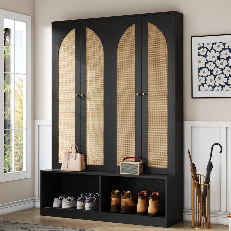 78.7"H Hall Tree with Bench and Storage Cabinet, Black