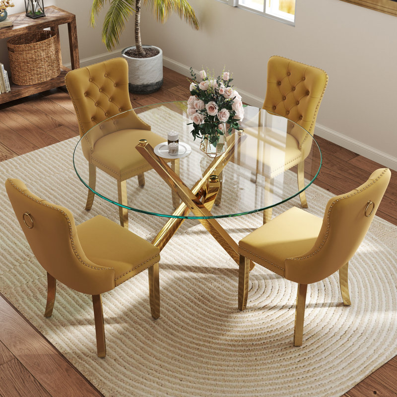 Ensemble de table de salle à manger 5 pièces, H 29,5 po x L 47 po x l 47 po, Jaune / Or, Or