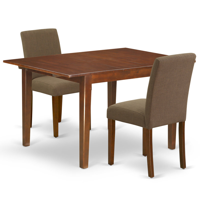 3 Piece Dining Room Table Set Contains a Rectangle Kitchen Table with Butterfly Leaf and 2 Coffee Linen Fabric Parson Dining Chairs, Mahogany