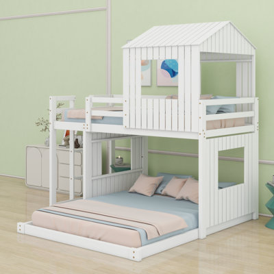 Wooden Bunk Bed, Loft Bed With Playhouse, Farmhouse, Ladder And Guardrails
