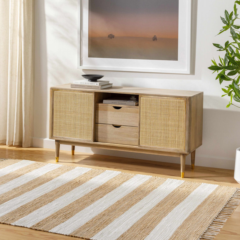 Tapis rayé en coton tissé à plat à la main Andreea - jaune / blanc, Rectangle 5 pi x 7 pi 6 po