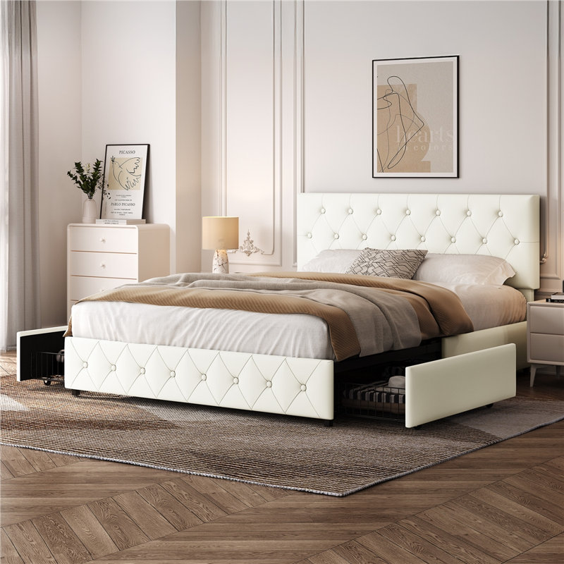 Upholstered Bed Frame with Drawer Storage, Kingsize (5'), Cream