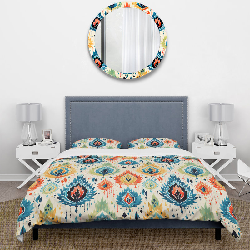 Ensemble de housse de couette bleu et orange Ikat Mosaic Fusion, Housse de couette pour très grand lit et 2 très