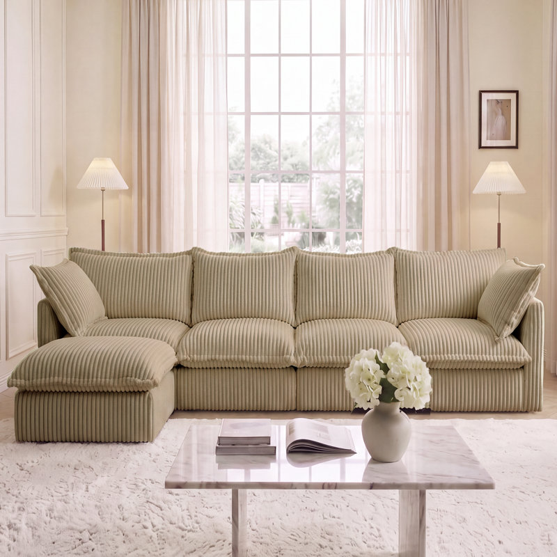 Canapé Corduroy, canapé en L, canapé 3 places, avec repose-pieds, pour le salon, 34.6" H x 120" W x 55"D, Camel