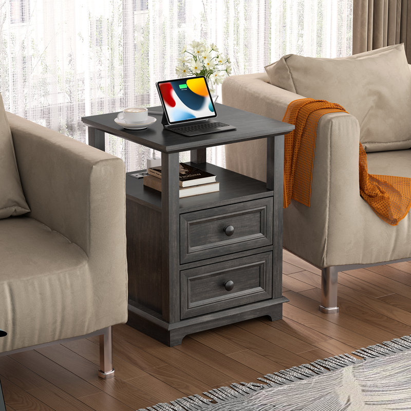 Bijal 2 - Drawer End Table and Built-In Outlets, Black