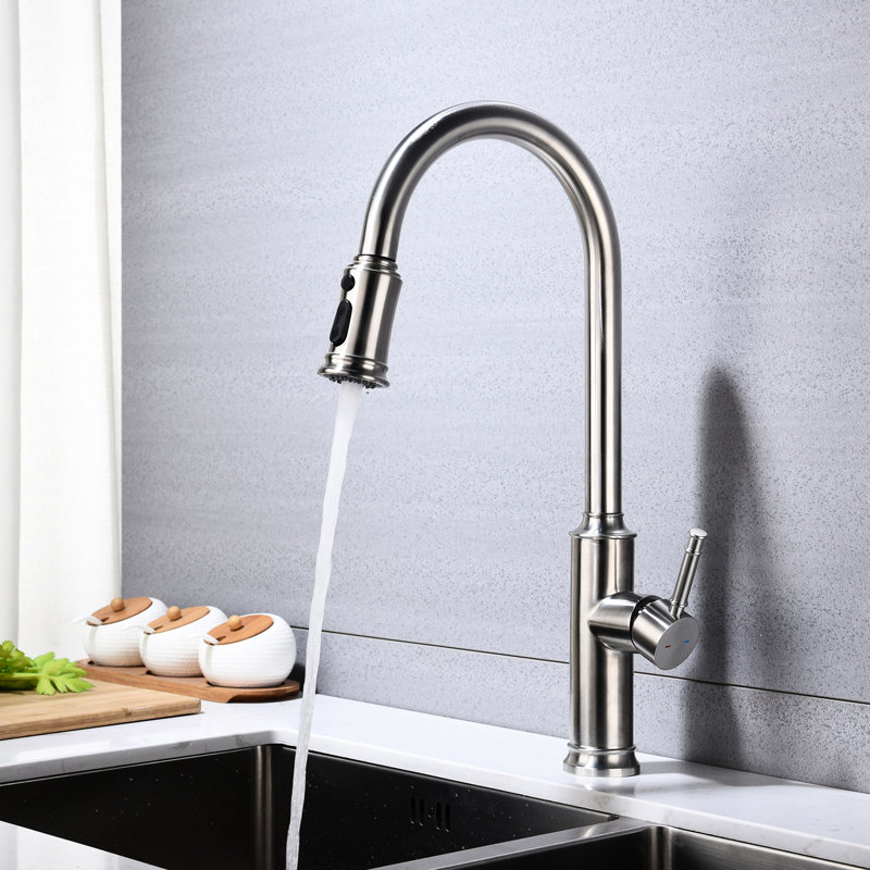 Robinet de cuisine rétractable en nickel brossé, contrôle de la qualité en acier inoxydable, buse rotative à 360 ° pour un débit d'eau confortable, traitement de surface contre la corrosion et la rouille, température à une poignée