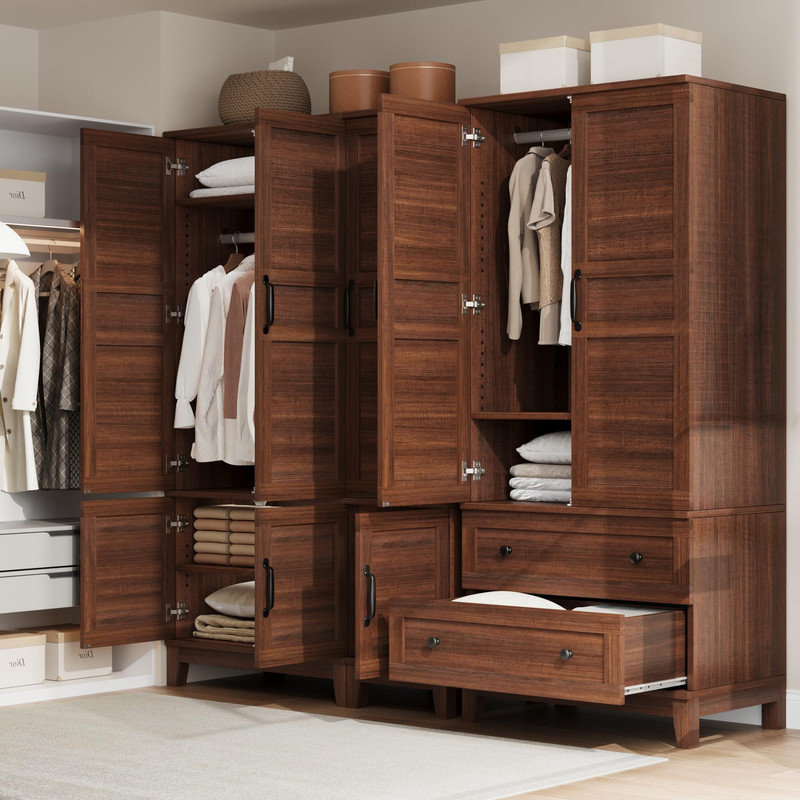Armoire 72 po à 4 portes avec tringle et tablettes réglables, Noyer