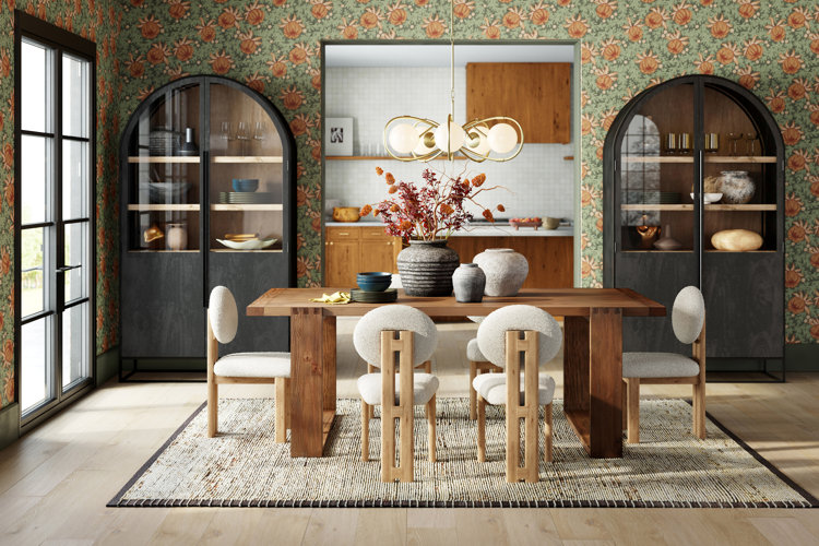 Modern dining room with green and orange botanical patterned wallpaper