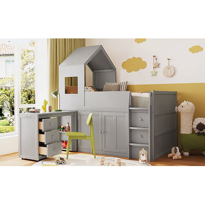 Twin Size Wooden Loft Bed With Desk, Drawers,Cabinets,Gray
