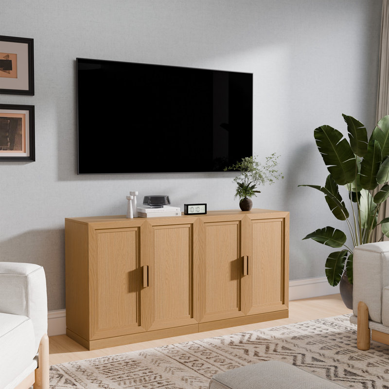 31'' H Farmhouse Wood Sideboard with Adjustable Shelves Buffet Cabinet Coffee Bar for Dining Room Hallway, Natural Wood