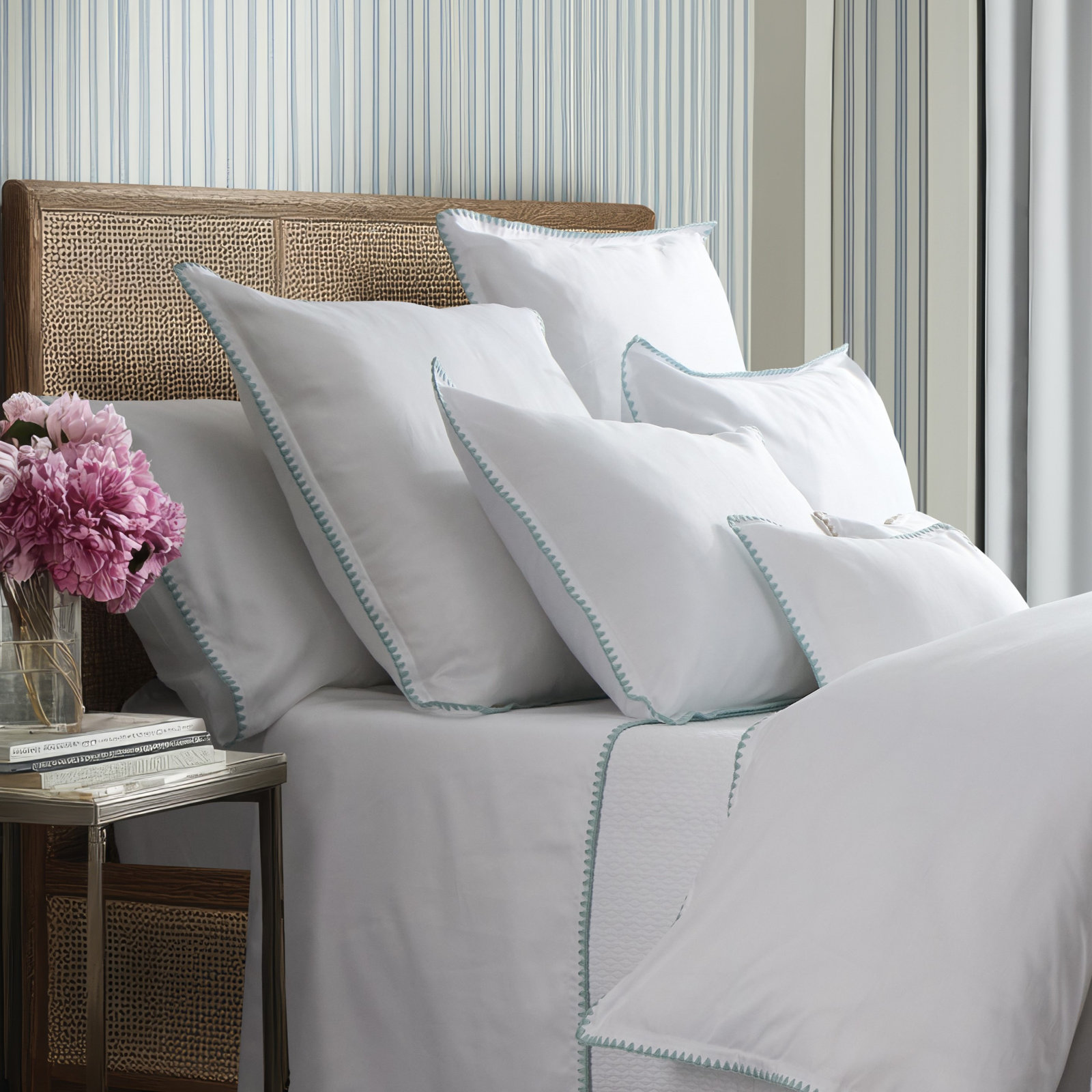 Poppy 100% Cotton Percale Shams, white/ ocean blue, King