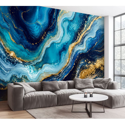 Papier peint adhésif peler et coller or bleu marbré Art océan inspiré par les vagues de l'océan Papier autocollant amovible pour décoration murale de salon H 100 po x l 144 po