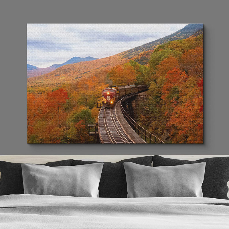 Automne, montagne, train, chemin de fer, chemin, nature sauvage - photographie, Toile tendue, H 12 po x l 18 po x P 1,5 po