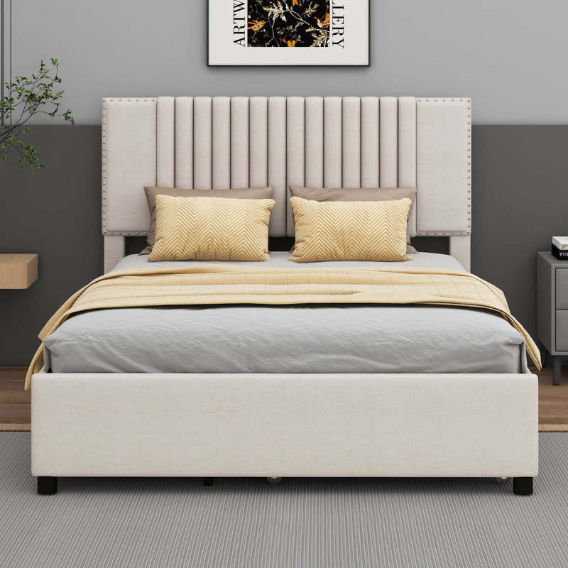 Lit plateforme tapissier Maniyah avec 2 tiroirs et 1 lit gigogne simple TG, Double, Beige