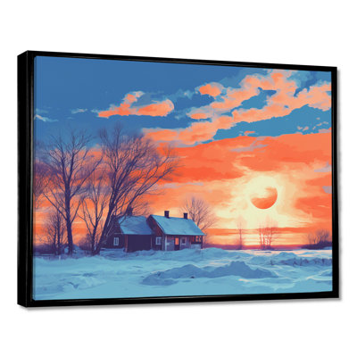 Coucher de soleil rouge sur une maison de campagne enneigée