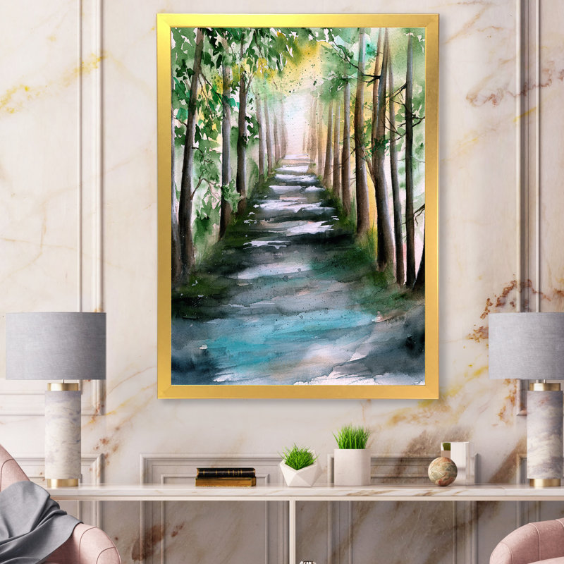 Une allée de forêt ensoleillée avec des ombres d'arbre - peinture sur toile, H 32 po x l 16 po