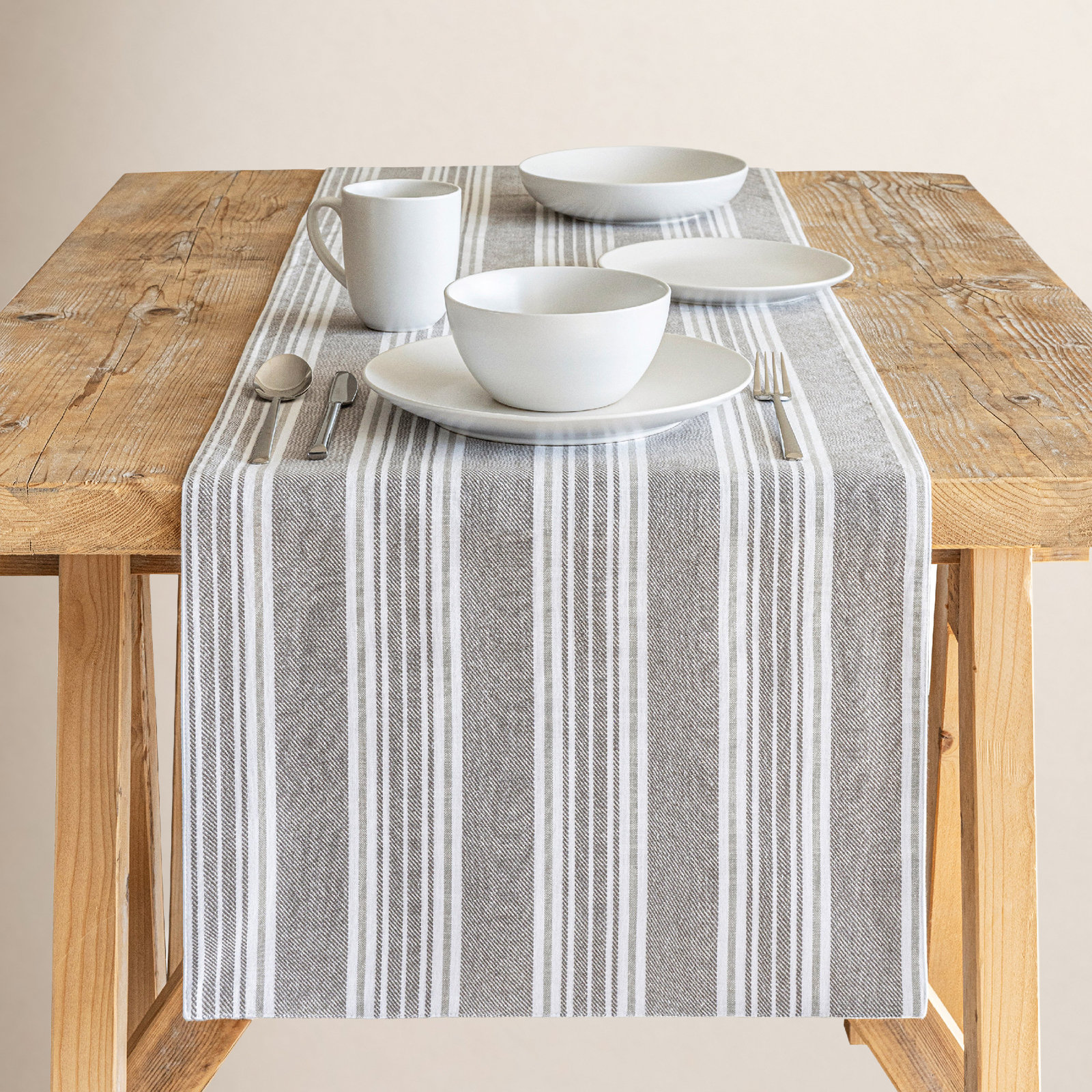 Woven Striped Table Runner, 18" W x 90" L, White/Gray