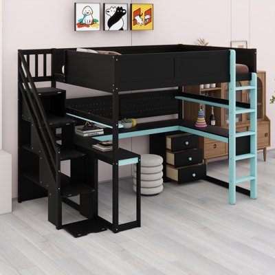 Lit mezzanine avec escalier de rangement, bureau intégré, tablettes et panneau perforé Gaming