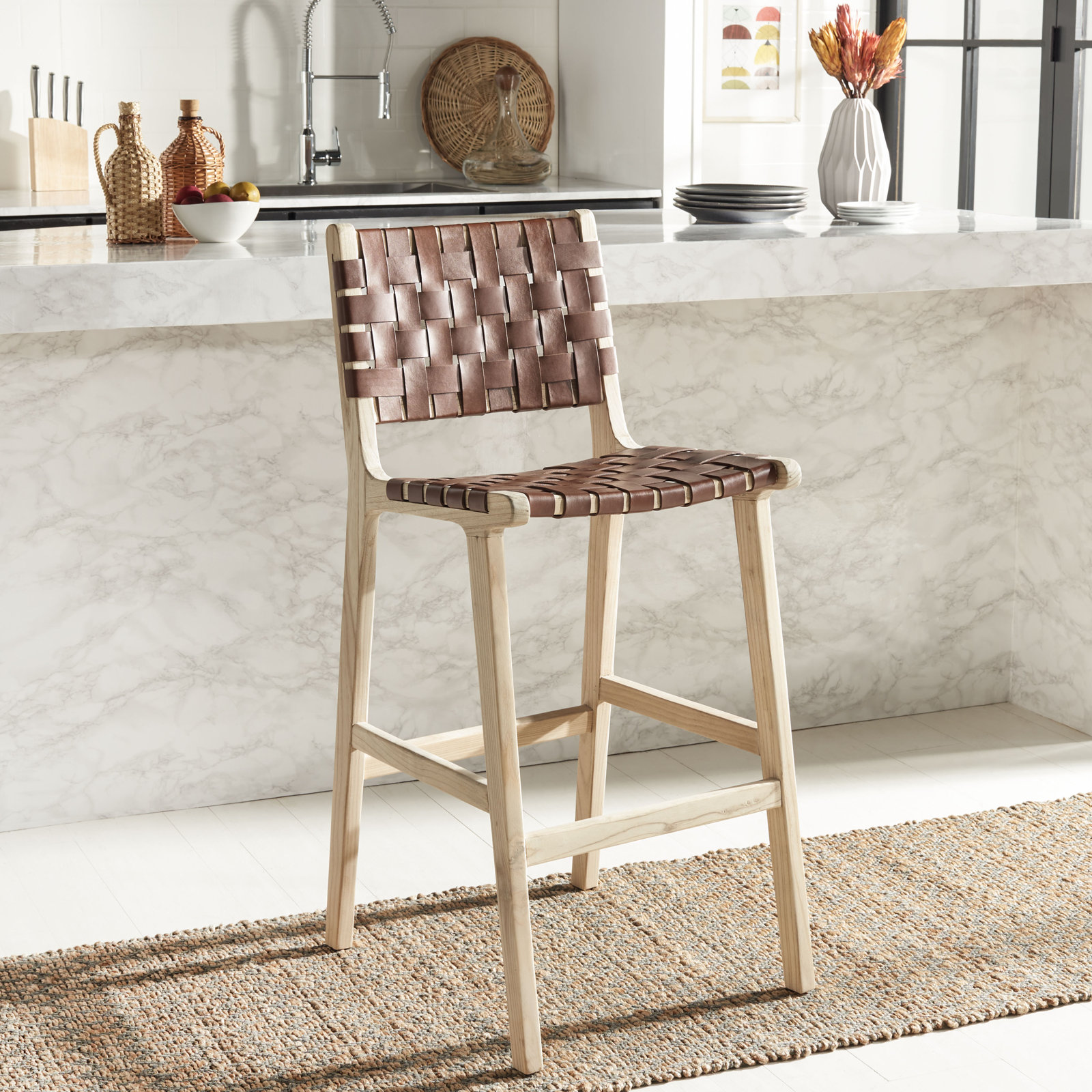 Alston Leather Bar and Counter Stool, Cognac Leather/Natural Unfinished Frame, Bar Stool (29.70" Seat Height)