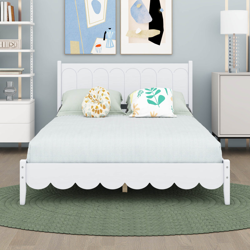 Lit de style rétro avec tête de lit rectangulaire, Blanc, Double