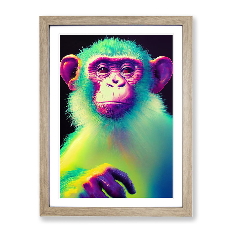 XV1022-2998X Neon Monkey No.1 1 Piece Single Picture Frame Wall Art, 34cm H x 25cm W x 2cm D, Oak