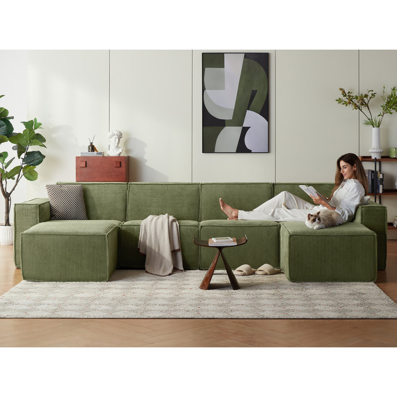 133.4" Modular Cloud Sectional Sofa With Movable 2 Ottomans, Green