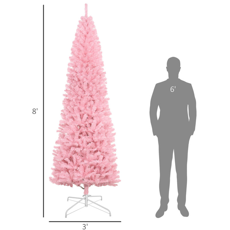 Arbre de Noël rose de 8 pi de hauteur, 1168 pointes de branches, forme mince, base solide, grande installation artificielle facile à assembler et stable